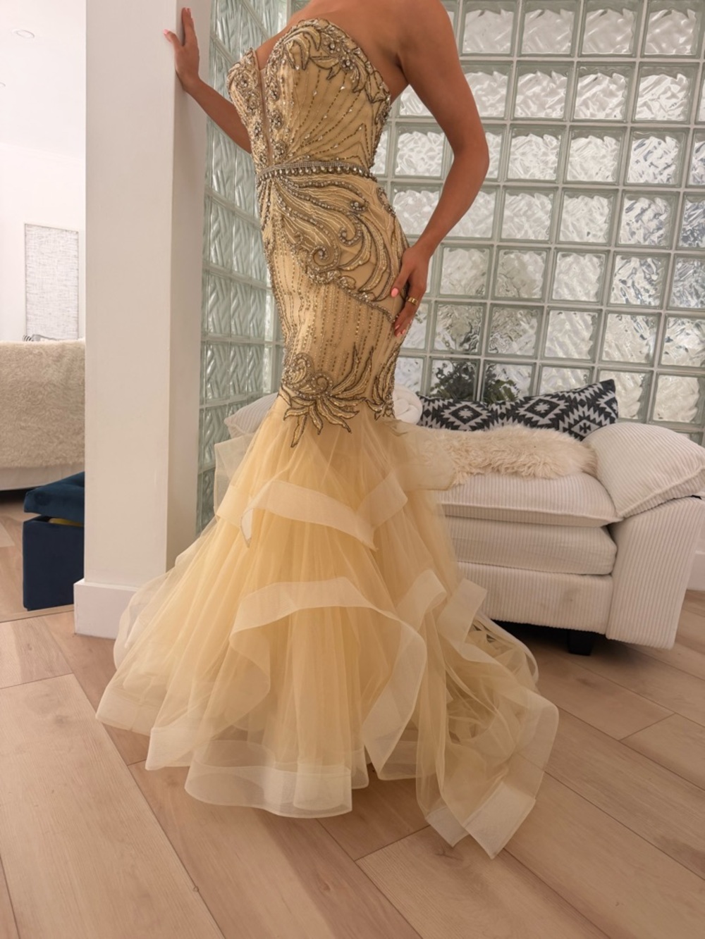 Jovani Gold Beaded Strapless Mermaid Prom Dress